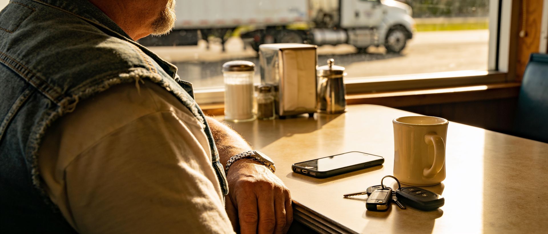 Trucker seen over the shoulder at a diner counter, his phone face-up beside a coffee mug and his keys