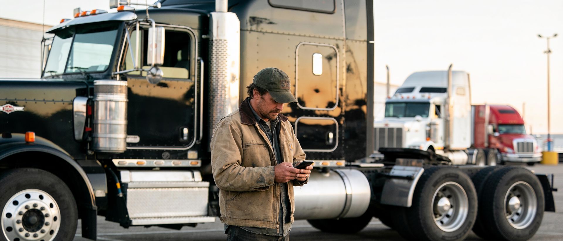 Owner-operator standing beside his tractor at a truck stop in early light, reading his phone